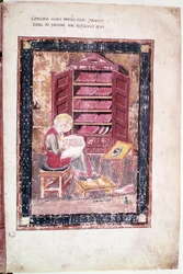 Ms 1 f.vr Ezsdrás emlékezetből írja a szent könyveket Kr. e. 458-ban, a Codex Amiatinusból.